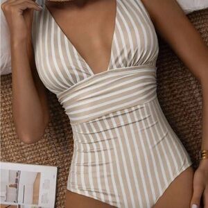 SHEIN Tan and White Striped Swimsuit